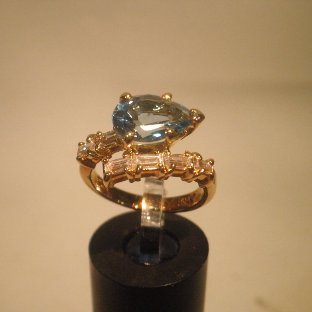 Vintage Farrah Fawcett 18K over Sterling Silver Blue Clear Stone Statement Ring